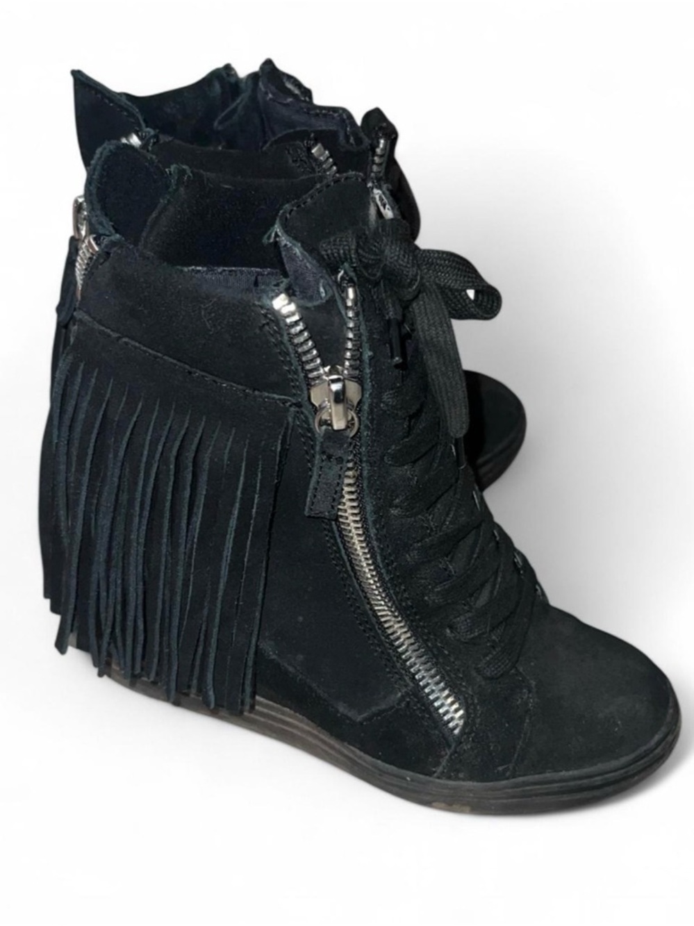 Steve Madden black suede fringe wedge sneakers Georga - F